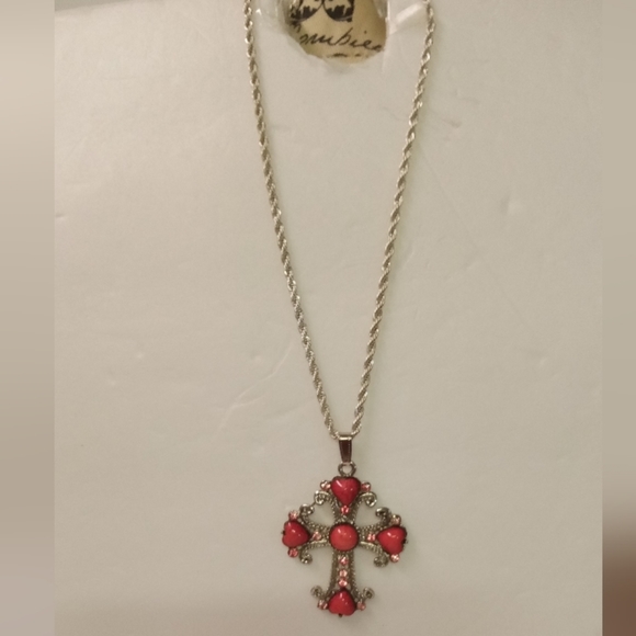 Times TRU Necklace Silver-Tone Rope Chain Wings of Love Cross Pink Stones Rhine - Picture 2 of 5
